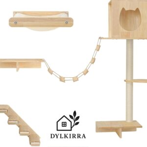 Dylkirra Pet furniture in the nature of cat hammocks, wall-mounted cat shelves, cat bridges, raised cat beds, raised dining shelves for pets, scratching posts, and cat trees