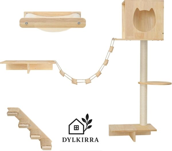 Dylkirra Pet furniture in the nature of cat hammocks, wall-mounted cat shelves, cat bridges, raised cat beds, raised dining shelves for pets, scratching posts, and cat trees